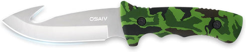 Fixed Blade Hunting Knife, Full Tang Stainless Steel Camping Knife with Gut Hook Edge, Green Wooden Handle, Sheath