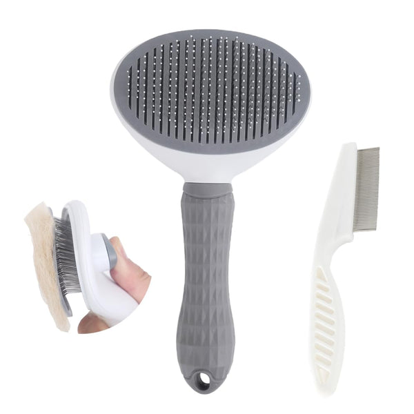 Cat Brush with Release Button, Universal for Cats and Dogs, One Click Release, Brush and Flea Comb Set (Grey)