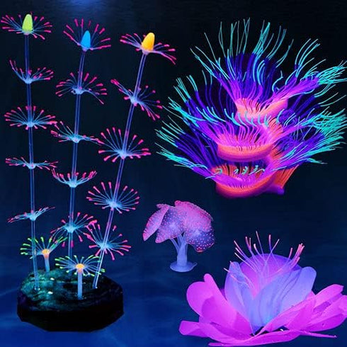 4 Pack Silicone Glowing Fish Tank Decorations, Simulation Glowing Coral Sea Anemone and Lotus Leaf for Aquarium