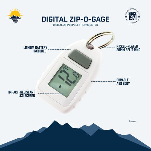 Sun Company Digital Zipogage - Compact Zipperpull Digital Thermometer for Skiing, Snowboarding, Cold-Weather Camping,
