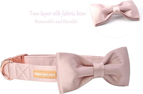 Unique style paws Pink Silk Dog Collar with Bow, Soft Adjustable Bowtie Gift for Large Female Dogs