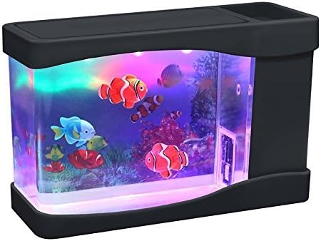 Playlearn Mini Aquarium Toy Fish Tank with Moving Fish – USB/Battery Powered – Fake Aquarium with 3 Fish