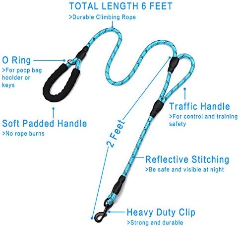 Plutus Pet 6ft Rope Dog Leash, Traffic Padded Two Handle, Heavy Duty Reflective Lead for Large Medium Dogs