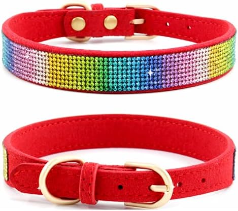 Rhinestone Dog Collar, Cute Soft Suede Leather Collar with Crystal Diamond for Pet Dog Puppy (S, Red-3)