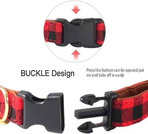 KUDES Adjustable Plaid Dog Collar with Bow, 2 Pack Set, Best Pet Gift for Small, Medium, and Large Dogs, Red & Black