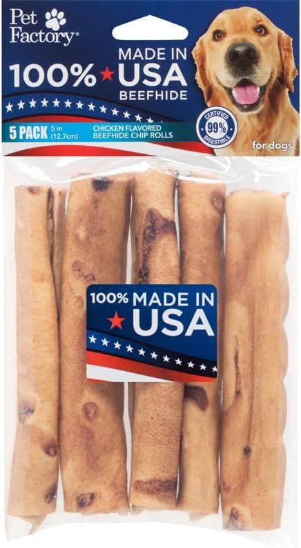 Pet Factory Beefhide Chip Rolls, 5" Dog Chew Treats, Chicken Flavor, 5 Count
