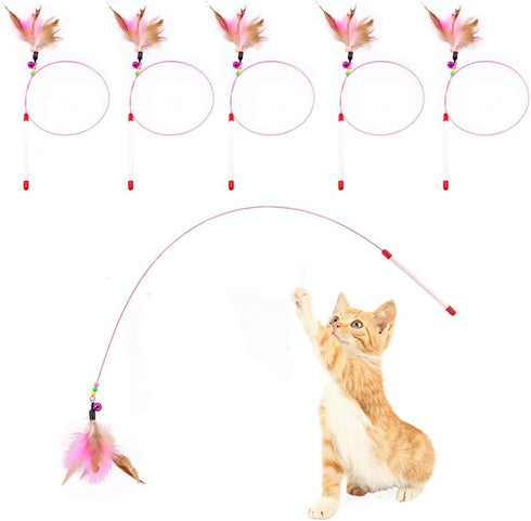 Cat Feather Toy Bundle, 5 Pack Interactive Pet Cat Kitten Chaser Teaser Wire Wand with Bell Beads for Play