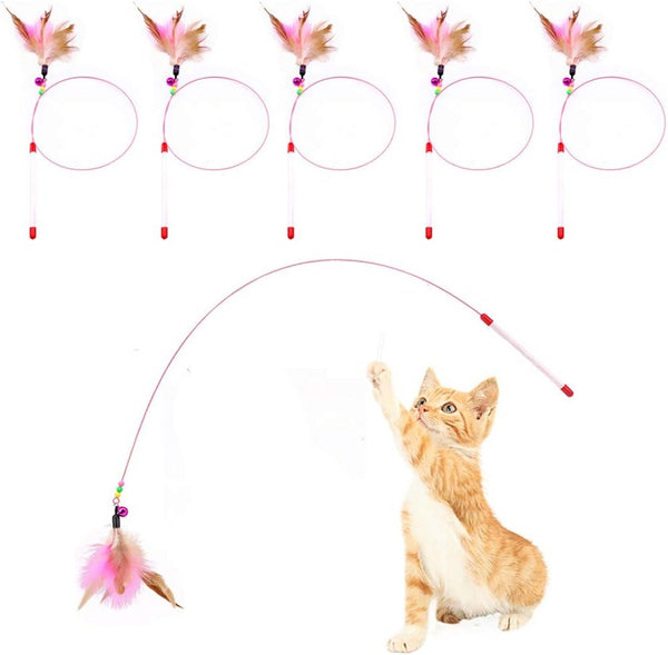 Cat Feather Toy Bundle, 5 Pack Interactive Pet Cat Kitten Chaser Teaser Wire Wand with Bell Beads for Play
