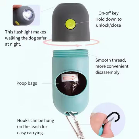 MKartProducts Portable Dog Poop Bag Dispenser with LED Flashlight, Refillable Waste Bag Holder with Carabiner Clip
