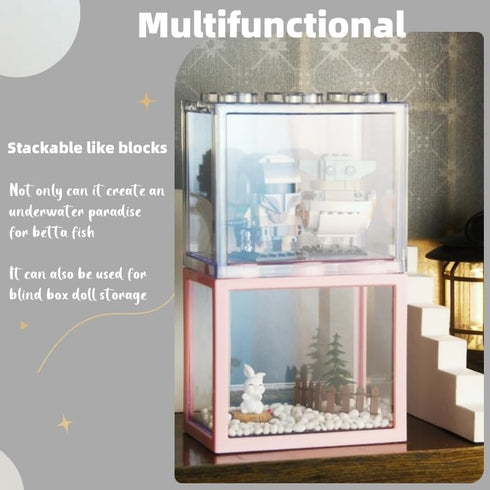 Small Betta Fish Tank, Stackable Mini Aquarium Kit with Gravel & Forest Micro Landscape, 0.6 Gallon Acrylic Cube Bowl