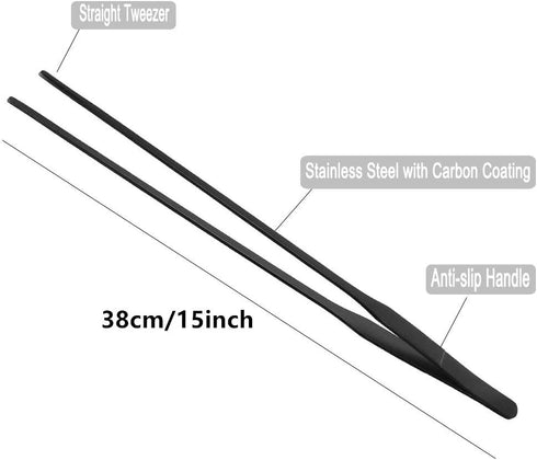 FRUTA Aquarium Tweezers Stainless Steel Straight Tweezer, 15 inch Black, Extra Long Reptiles Feeding Tongs