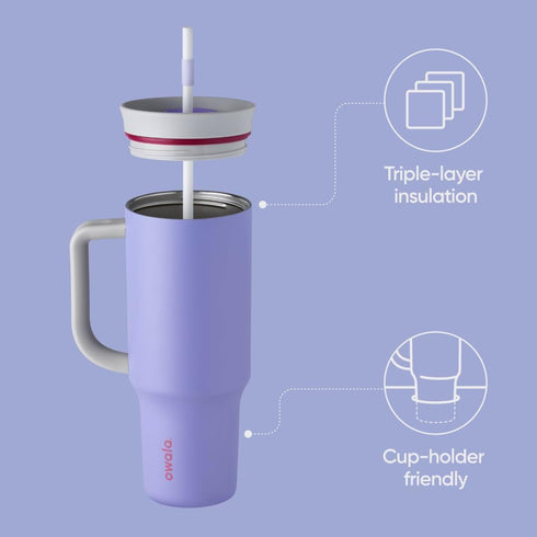 Owala Stainless Steel Triple Layer Insulated Travel Tumbler, 40 oz with Spill Resistant Lid, Light Purple