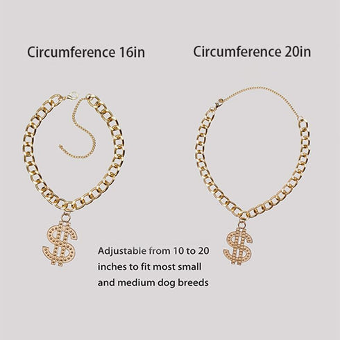 Cute Adjustable Pet Gold Chain with Dollar Pendant, Lightweight Cuban Link Necklace for Dogs and Cats, Bling Jewelry