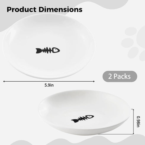 2 Pcs Cat Bowls, Wide & Shallow Ceramic Dishes for Whiskey Fatigue Relief, 15cm/6’’ Cute Fish Bone Design