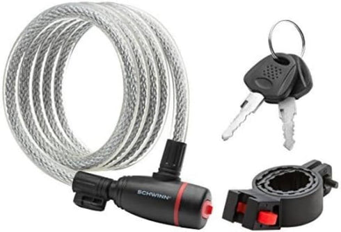 Schwinn Braided Steel Cable Bike Key Lock, 6 feet x 12mm Anti Theft Lock with 2 Keys, Security Level 3