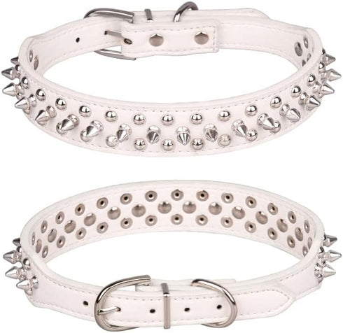Spiked Dog Collar, Mushrooms Rivet Studded Adjustable PU Leather Pet Collars for Cats and Dogs (S, White)