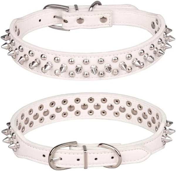 Spiked Dog Collar, Mushrooms Rivet Studded Adjustable PU Leather Pet Collars for Cats and Dogs (S, White)