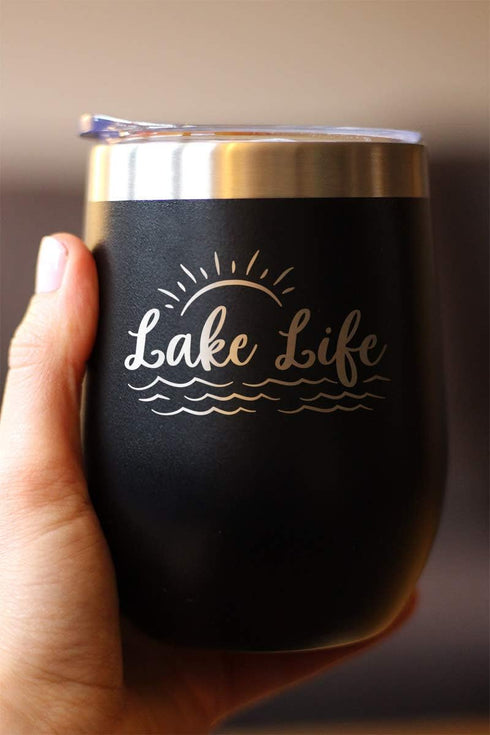 Lake Life Wine Tumbler with Sliding Lid, Stemless Stainless Steel Insulated Cup for Outdoor Camping, Black.
