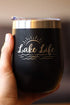 Lake Life Wine Tumbler with Sliding Lid, Stemless Stainless Steel Insulated Cup for Outdoor Camping, Black.