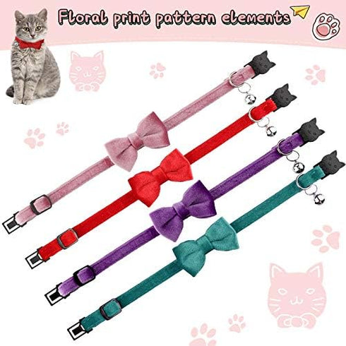 4 Pieces Cat Bow Tie Collar with Bell, Breakaway Comfortable Velvet Safety Pet Collar for Kittens and Puppies (Small)