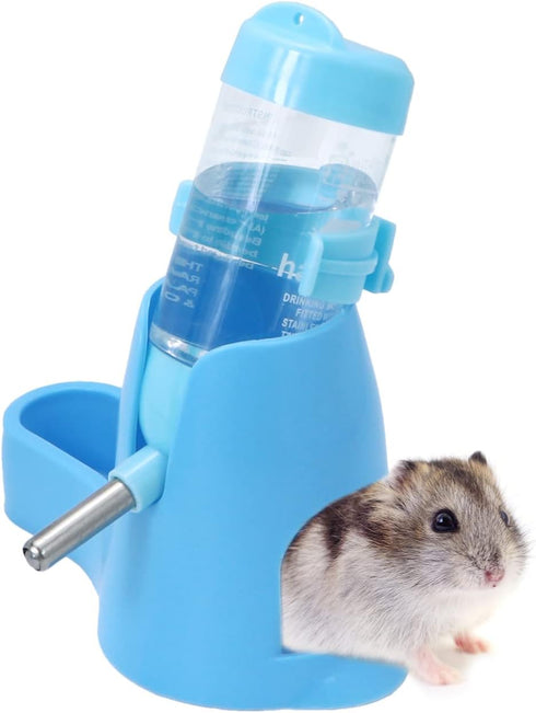 3 in 1 Hamster Hanging Water Bottle, Auto Dispenser with Base for Dwarf Hamster, Mouse, Rat, Hedgehog (80ML, Blue)