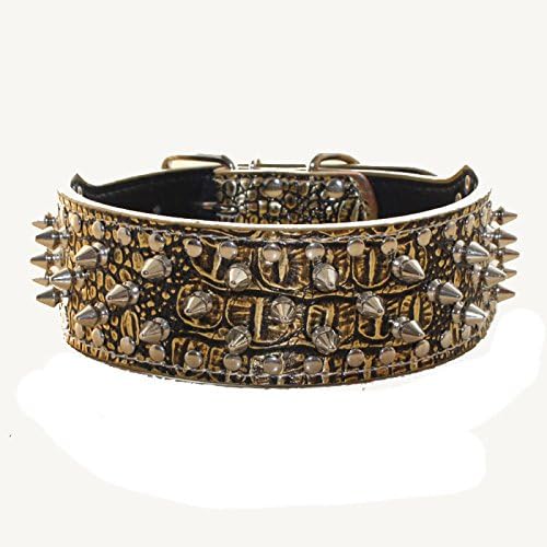 Spiked Studded Dog Collar - PU Leather Adjustable Collar for Medium or Large Breed Pet (M, Gold Brown)