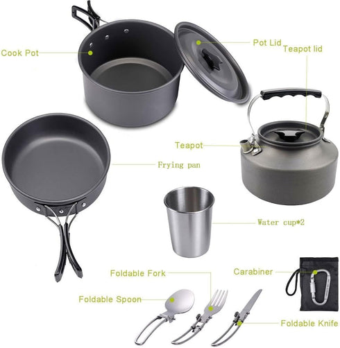 Lightweight Portable Camping Cookware Set - Pot, Pan, Kettle, Cups, Spoon, Fork, Cutter with Carry Bag for Outdoor
