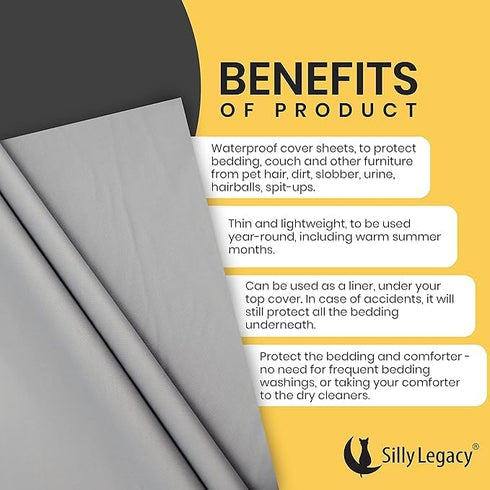 SILLY LEGACY Thin Reversible Waterproof Cover or Liner for Bed or Couch, for Dogs and Cats, Queen 82 x 82, Gray