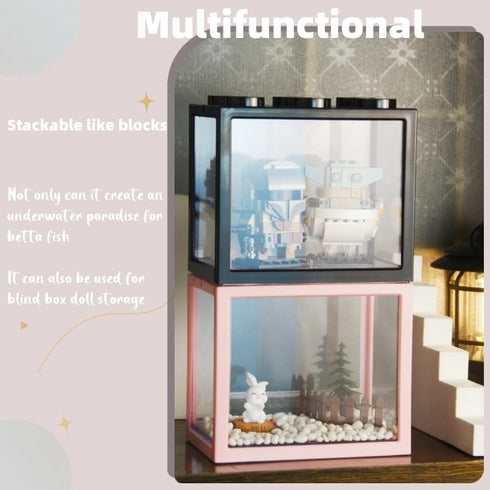 Small Betta Fish Tank, Stackable Mini Aquarium Kit with Gravel & Forest Micro Landscape, 0.6 Gallon (Pink)