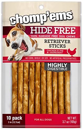 CHOMP 'EMS Chicken Hide Free Dog Chews, Rawhide Free Alternative Chew Treat, 5in, 10 Count