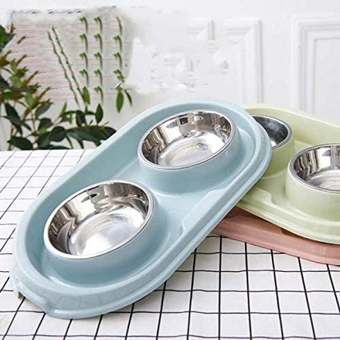 Double Dog Cat Food Bowls - Stainless Steel Pet Bowls with Non-Skid PP Station, No-Spill Feeder