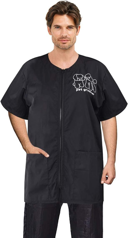 Noverlife Short Sleeves Pet Grooming Work Clothes, Full Zipper, 3XL Size, Splash Proof Anti-Static Smock for Groomers