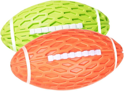 AUSCAT 2PCS Squeaky Rubber Dog Toy Balls | Indestructible 4.1" Football Fetch Toy for Small Medium Dogs, Green and