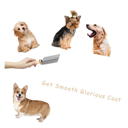 Dog Cat Pet Comb, Double-Sided Grooming Brush with Wooden Handle for Removing Mats, Debris, and Tangles.