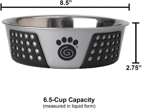 PetRageous 13099 Fiji Stainless Steel Dog Bowl, Non-Slip, Dishwasher-Safe, 6.5-Cup Capacity, Light Grey and Black