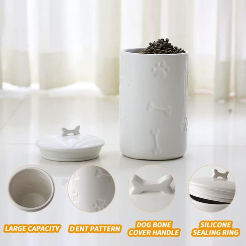Dog Treat Container Airtight - 9"x5" Large Ceramic Dog Treat Jar for Kitchen Counter, White Dog Cookie Jar