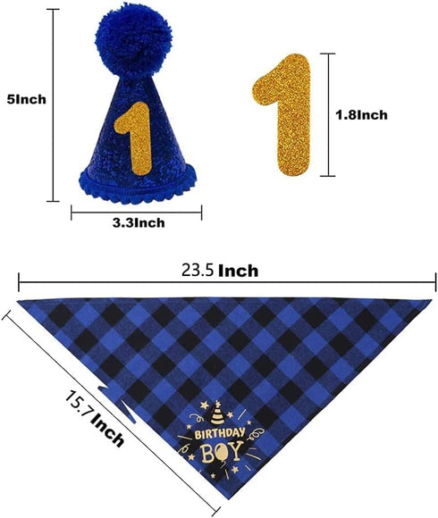 Dog Birthday Party Set, Triangle Bandana Scarf with Birthday Number Hat and Banner for Dog Birthday Supplies (Blue)