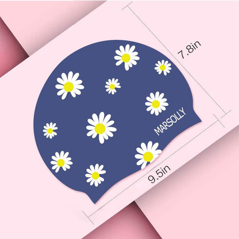 Silicone Swim Cap for Women, Waterproof Long Hair Swimming Cap with Flower Print