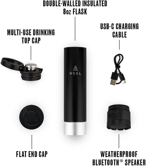 VSSL Insulated Flask with True Wireless Speaqua Speaker, Stainless Steel, USB-C Recharge, Cord Included