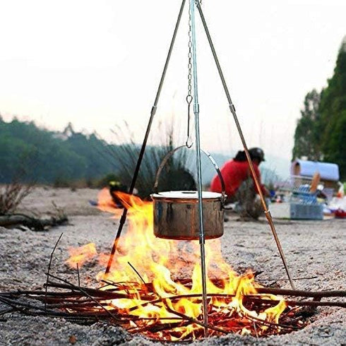 Sutekus Camping Tripod: Portable Campfire Cooking Dutch Oven Tripod and Lantern Hanger in Silver