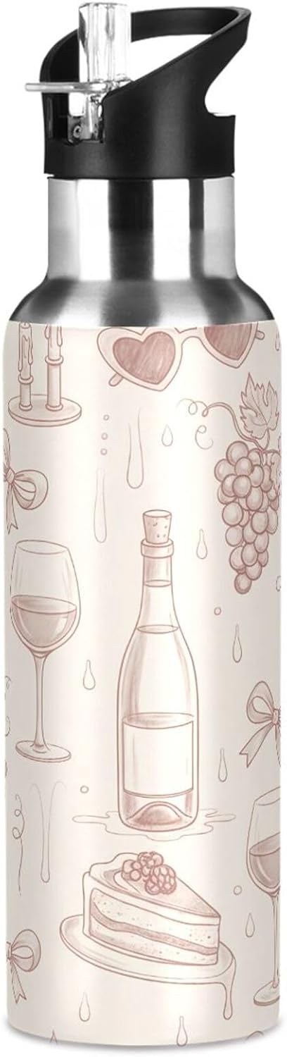 Wassud 22 oz Water Bottle Rose Wine Bottles Stainless Steel Sport Water Bottle with Straw Insulated Water Bottles