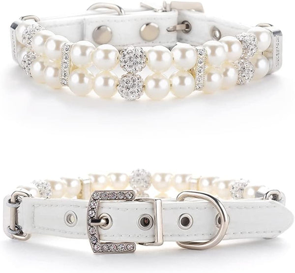Small Dog Cat Pearl Collars with Crystal Rhinestone, Adjustable PU Leather Necklace Leash Set, Black Pearl