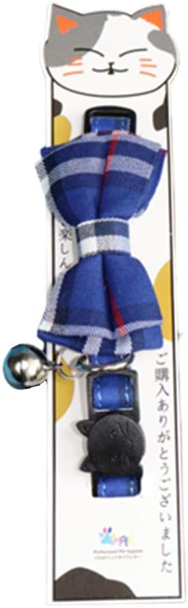THAIN Cat Collar with Breakaway Safety Buckle, Bell and Bow Tie, Adjustable 7-11 inches, Blue Plaid Pattern for Kittens