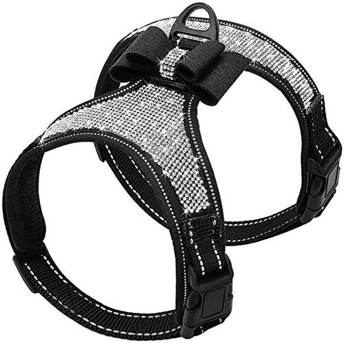 Beirui Rhinestone Dog Harness - Reflective Bling Nylon Vest with Sparkly Bow Tie for Small Medium Large Dogs, Black,