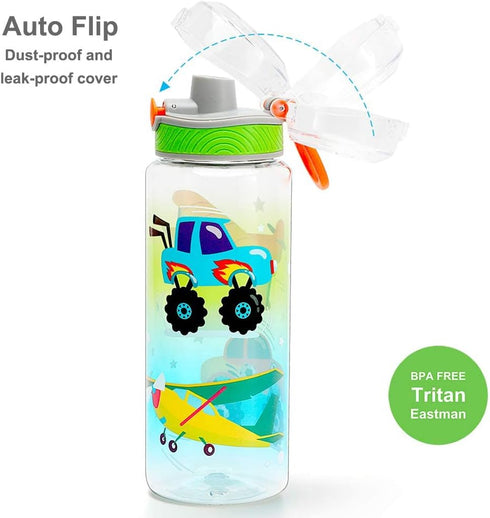 Home Tune 23oz Kids Water Bottle for School Boys, BPA FREE Tritan, Leak Proof Flip Top Lid, Carry Handle - Airplane &