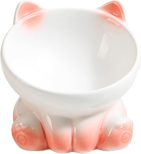 Elevated Cat Bowls, Whisker Friendly Tilted Ceramic Cat Bowls for Indoor Cats, Cute Gradient Color (White Pink)