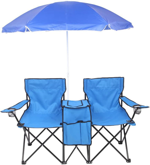 Guangshuohui 2 Double Camping Chairs with Umbrella, Portable Seat Folding Camp Chair with Cooler Bag, Beverage Holder