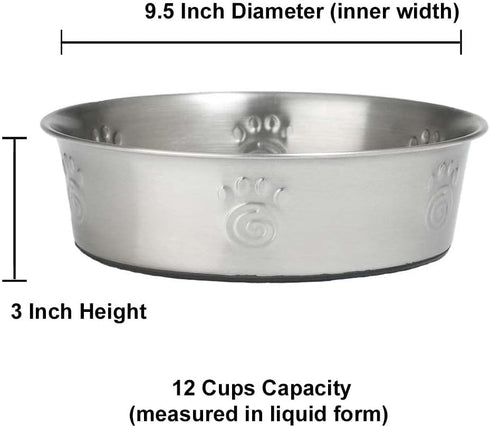 PetRageous 60050 Cayman Classic Non-Skid Stainless Steel Dishwasher Safe Bowl 12-Cup Capacity 9.5-Inch Diameter 3-Inch Tall for Large and X-Large Dogs and Cats of Any Size, Metallic