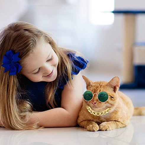 Weewooday 6 Pieces Dog Cat Costume - Pet Sunglasses and Summer Straw Hat with Faux Gold Chain Collar for Small Medium