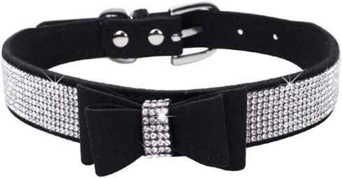 Dogs Kingdom Adjustable Cute Pet Dog Velvet Bow Tie Collar, Full Crystal Rhinestone Necklace for Puppy Cat (Black, L)